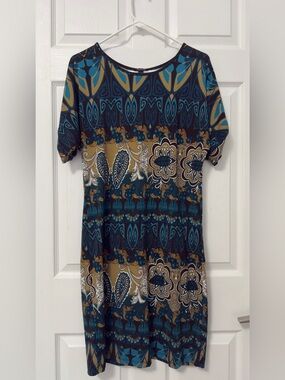 Forever New Teal Navy and Mustard Patterned Midi Dress